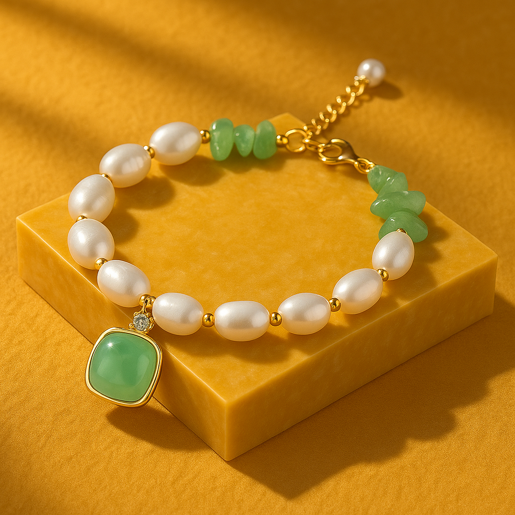 Perles des mers & aventurine verte — alliance de pureté, de chance et de calme