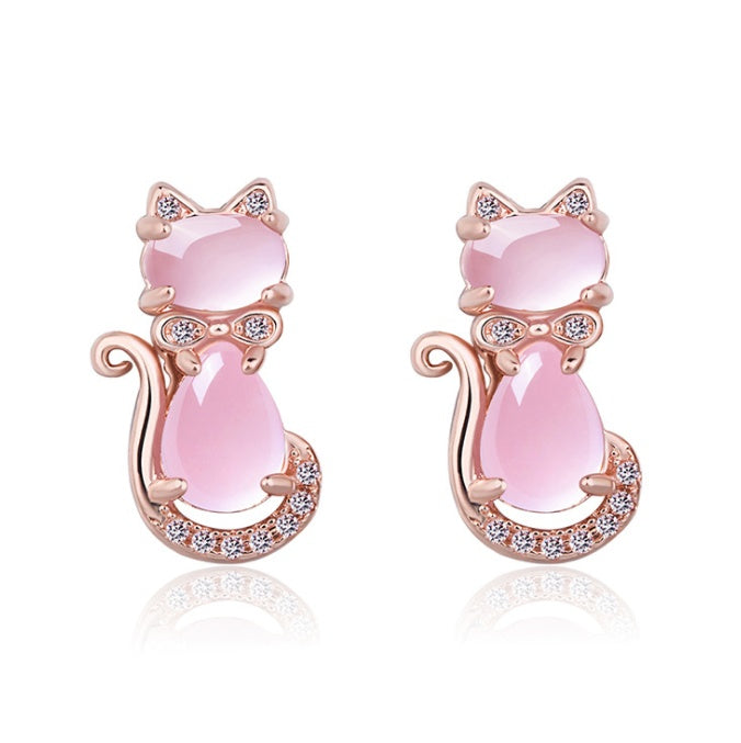 Boucles d’Oreilles "Chat d’Amour" – Cristal Rose & Élégance Féline