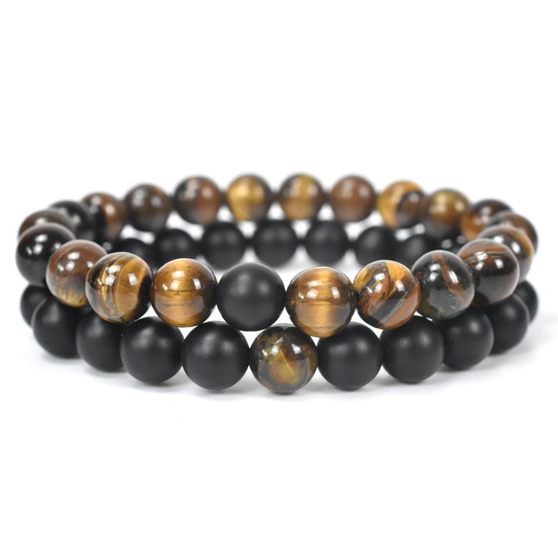 Bracelet DUO "Force et Protection" en Œil de Tigre et Onyx Noir