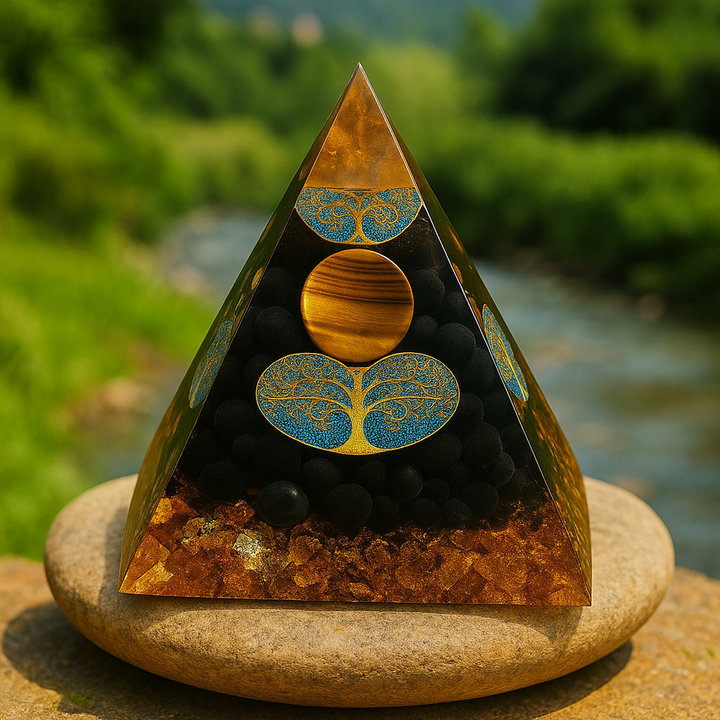 Puissance Solaire – Pyramide Orgonite en Œil de Tigre & Arbre de Vie