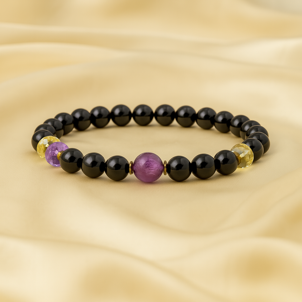 Bracelet "Bouclier Céleste" - Tourmaline, Améthyste, Citrine et Lépidolite