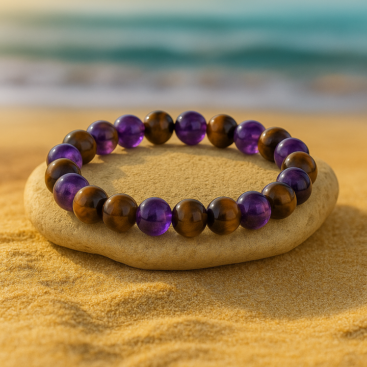 Bracelet "Libération" en Améthyste, Œil de Tigre & Cristal de Thé
