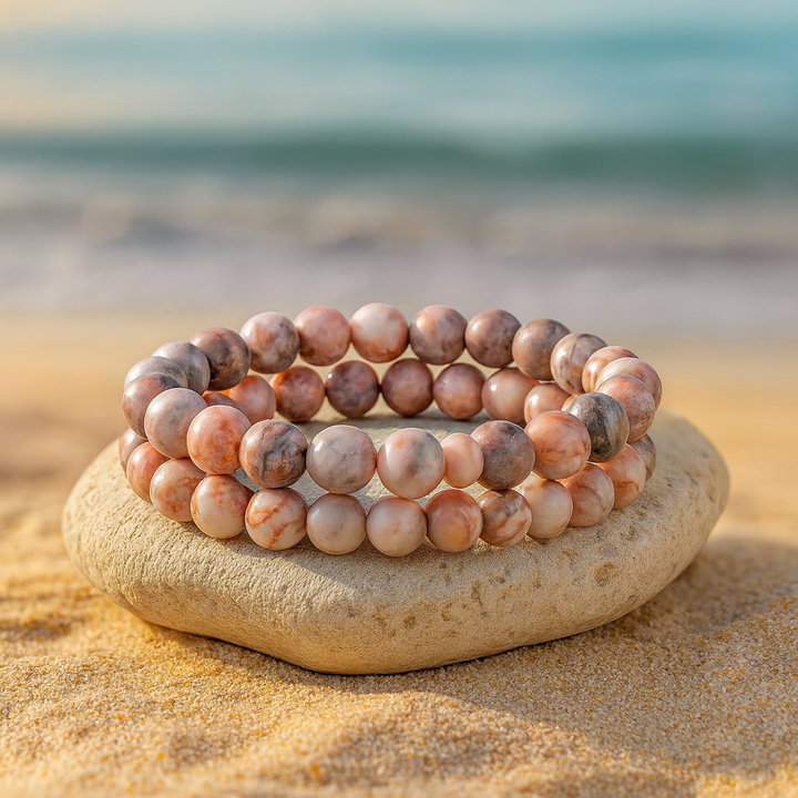 Bracelet DUO "Harmonie & Vitalité" en Agate Zébrée Rose et Jaspe Rouge
