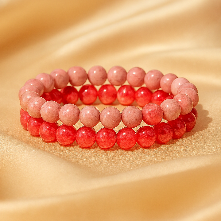Bracelet DUO "Amour et Compassion" en rhodochrosite et Angelite rouge