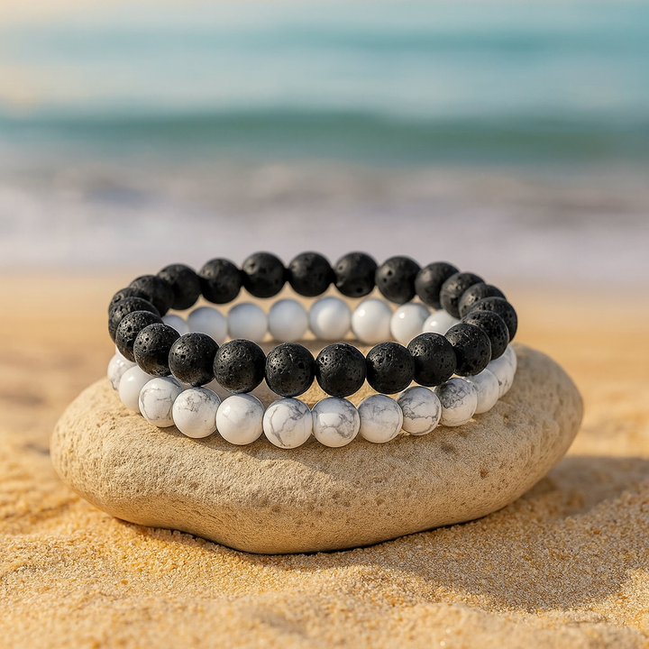 Bracelet DUO "Force et Sérénité" en Pierre de Lave et Howlite Blanche
