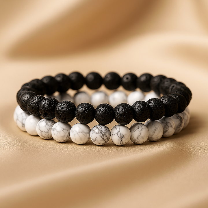 Bracelet DUO "Force et Sérénité" en Pierre de Lave et Howlite Blanche