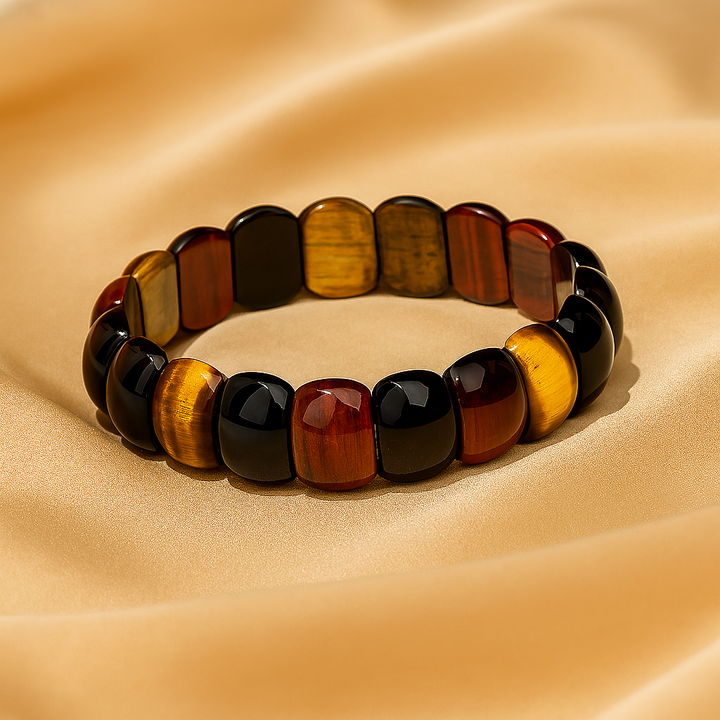 Bracelet Épuré en Œil de Tigre Bleu, Jaune et Rouge