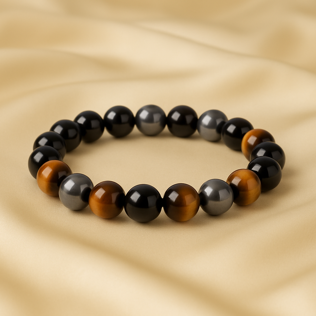 Bracelet "Bouclier de Force" en Oeil de Tigre, Hématite & Obsidienne Noire