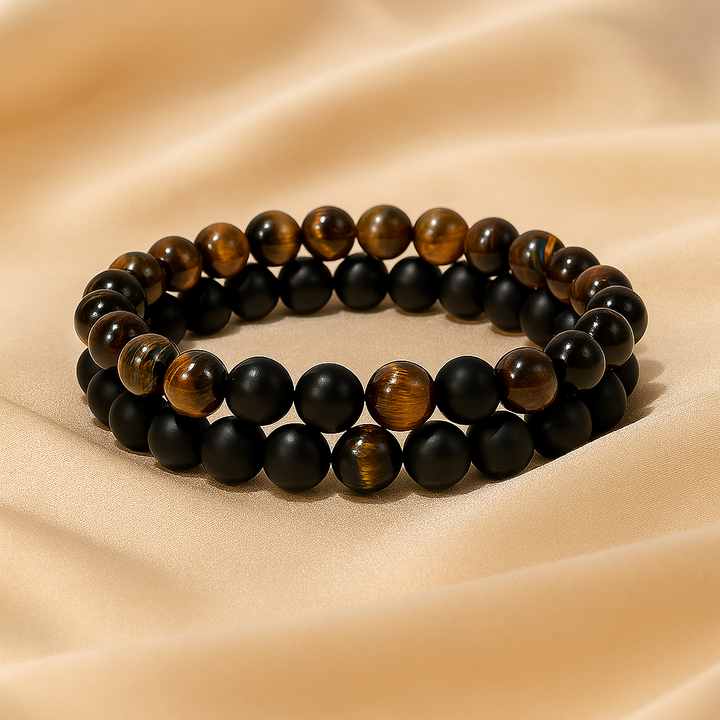 Bracelet DUO "Force et Protection" en Œil de Tigre et Onyx Noir