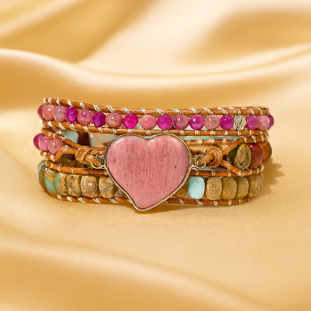 Bracelet Wrap "Compassion et Amour" en Rhodonite et Quartz Rose