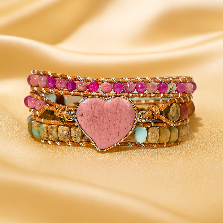 Bracelet Wrap "Compassion et Amour" en Rhodonite et Quartz Rose