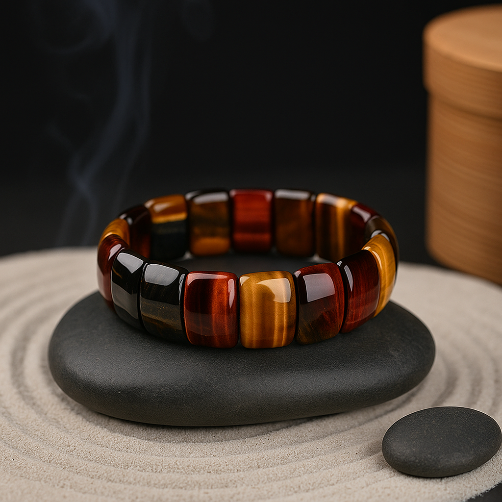 Bracelet Épuré en Œil de Tigre Bleu, Jaune et Rouge