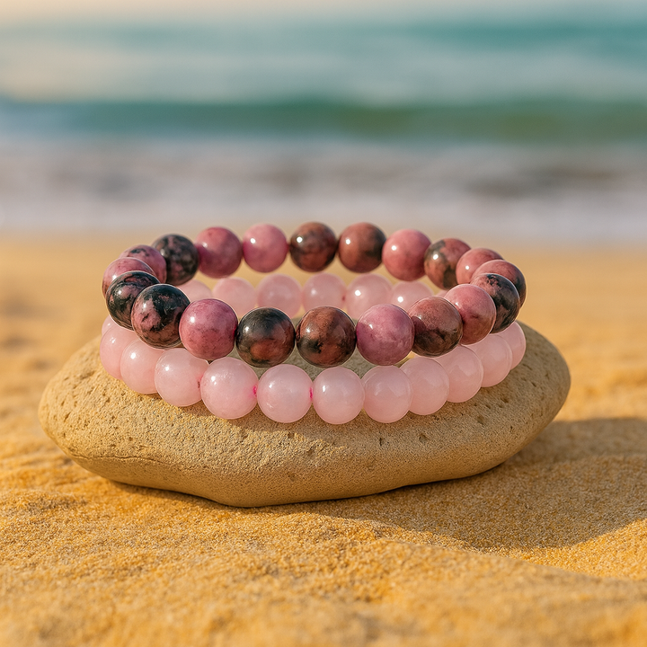Bracelet "Amour de Soi et Apaisement émotionnelle" en Rhodonite et Quartz Rose