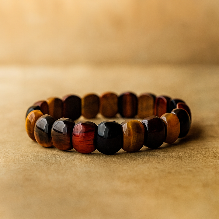 Bracelet Épuré en Œil de Tigre Bleu, Jaune et Rouge
