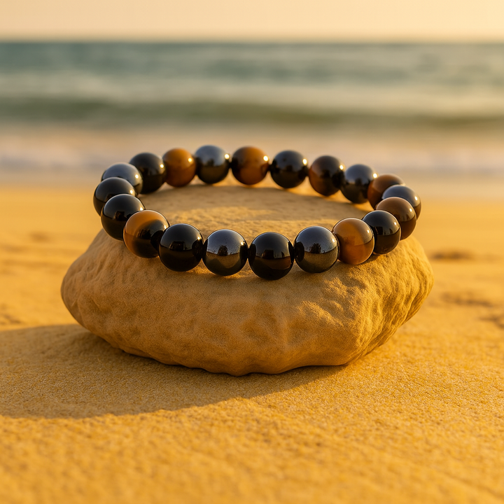 Bracelet "Bouclier de Force" en Oeil de Tigre, Hématite & Obsidienne Noire