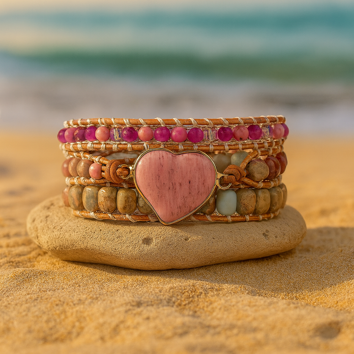 Bracelet Wrap "Compassion et Amour" en Rhodonite et Quartz Rose