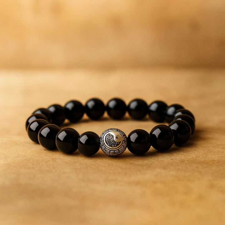 Bracelet en Agate Noire & Symbole Yin Yang