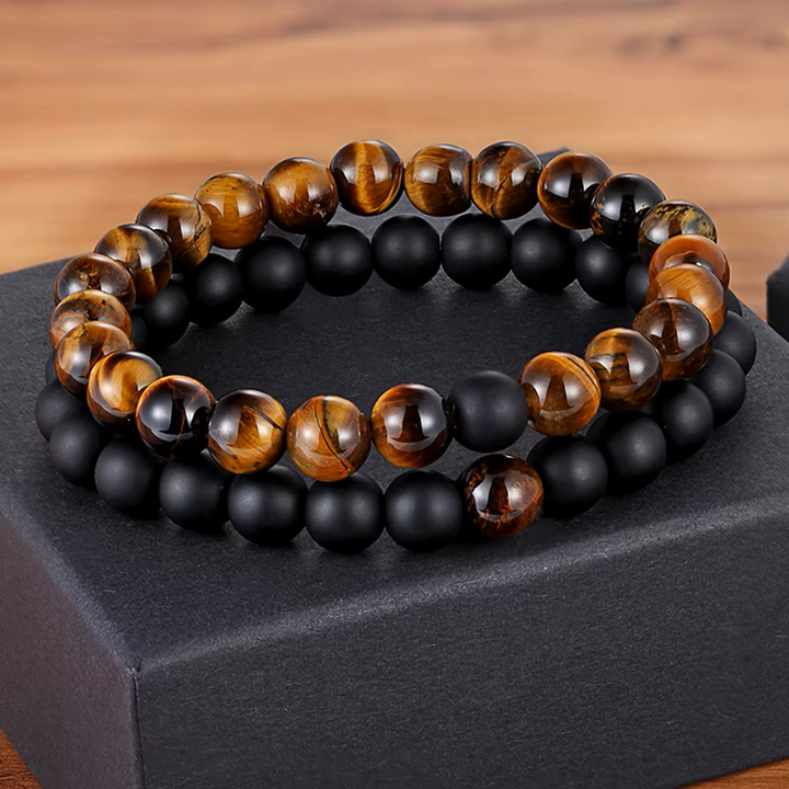 Bracelet DUO "Force et Protection" en Œil de Tigre et Onyx Noir