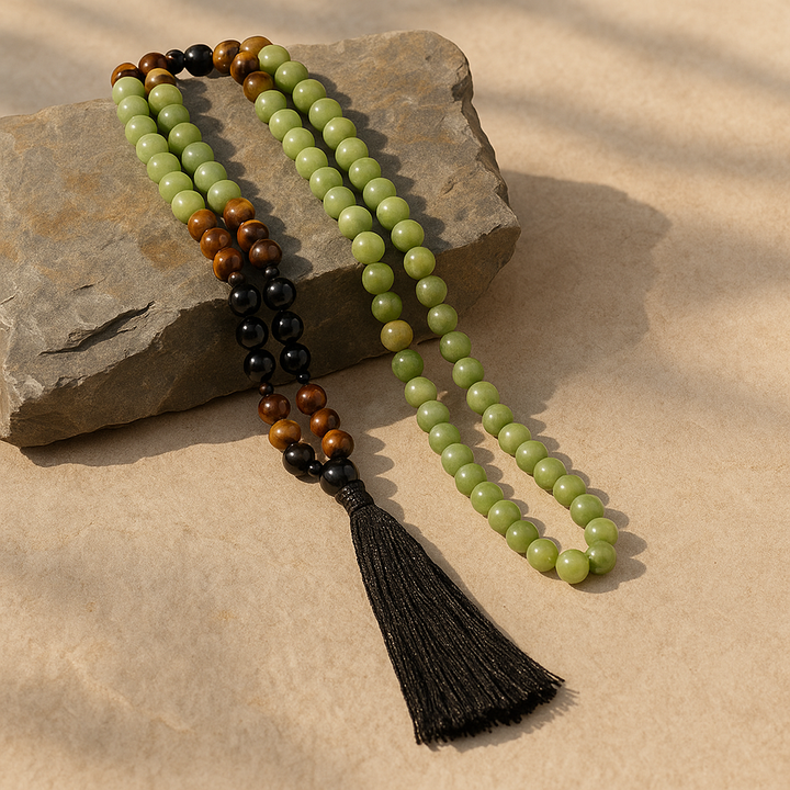 Mala 108 Perles en Jade, Œil du Tigre & Agate