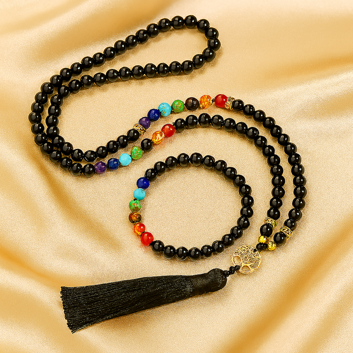 Coffret Mala et Bracelet "7 Chakras & Onyx noir"