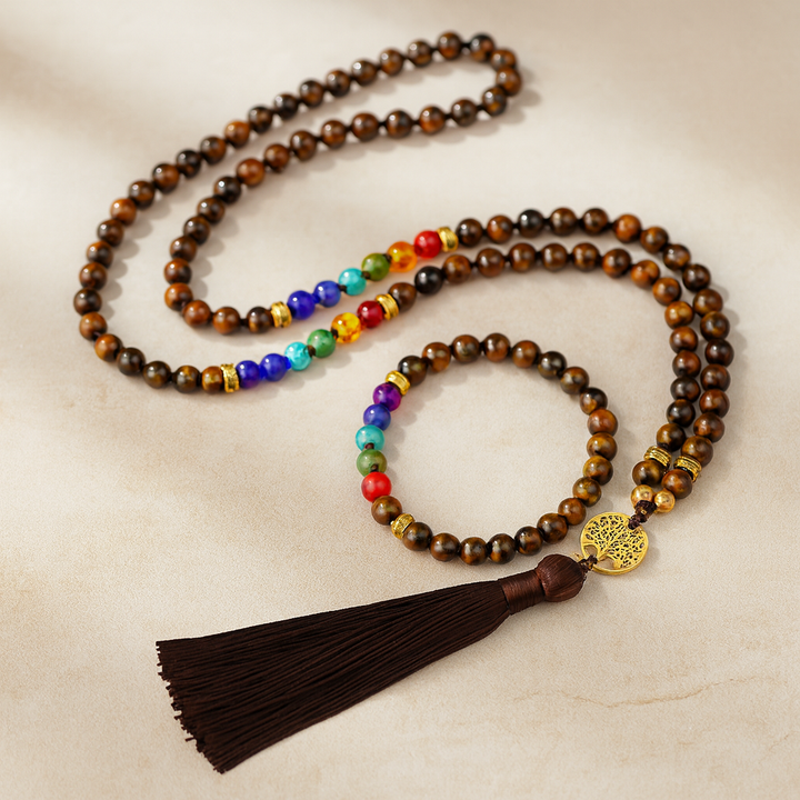 Coffret Mala et Bracelet "7 Chakras & Oeil de Tigre"
