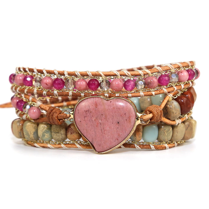 Bracelet Wrap "Compassion et Amour" en Rhodonite et Quartz Rose