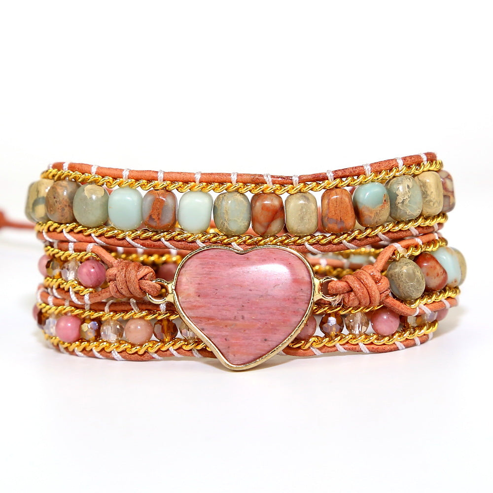 Bracelet Wrap "Compassion et Amour" en Rhodonite et Quartz Rose
