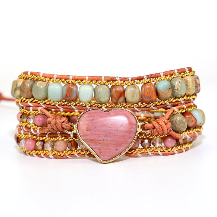 Bracelet Wrap "Compassion et Amour" en Rhodonite et Quartz Rose