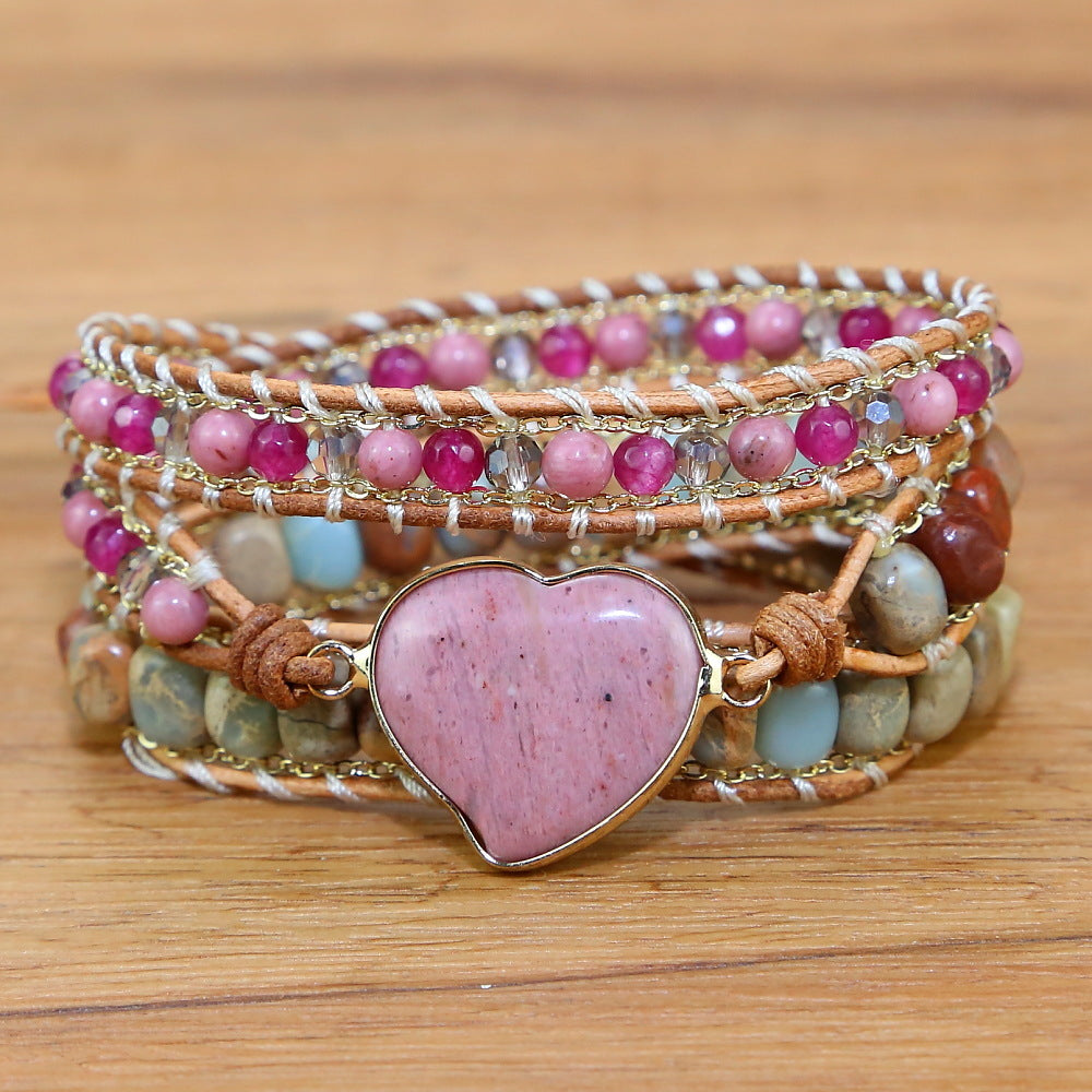 Bracelet Wrap "Compassion et Amour" en Rhodonite et Quartz Rose