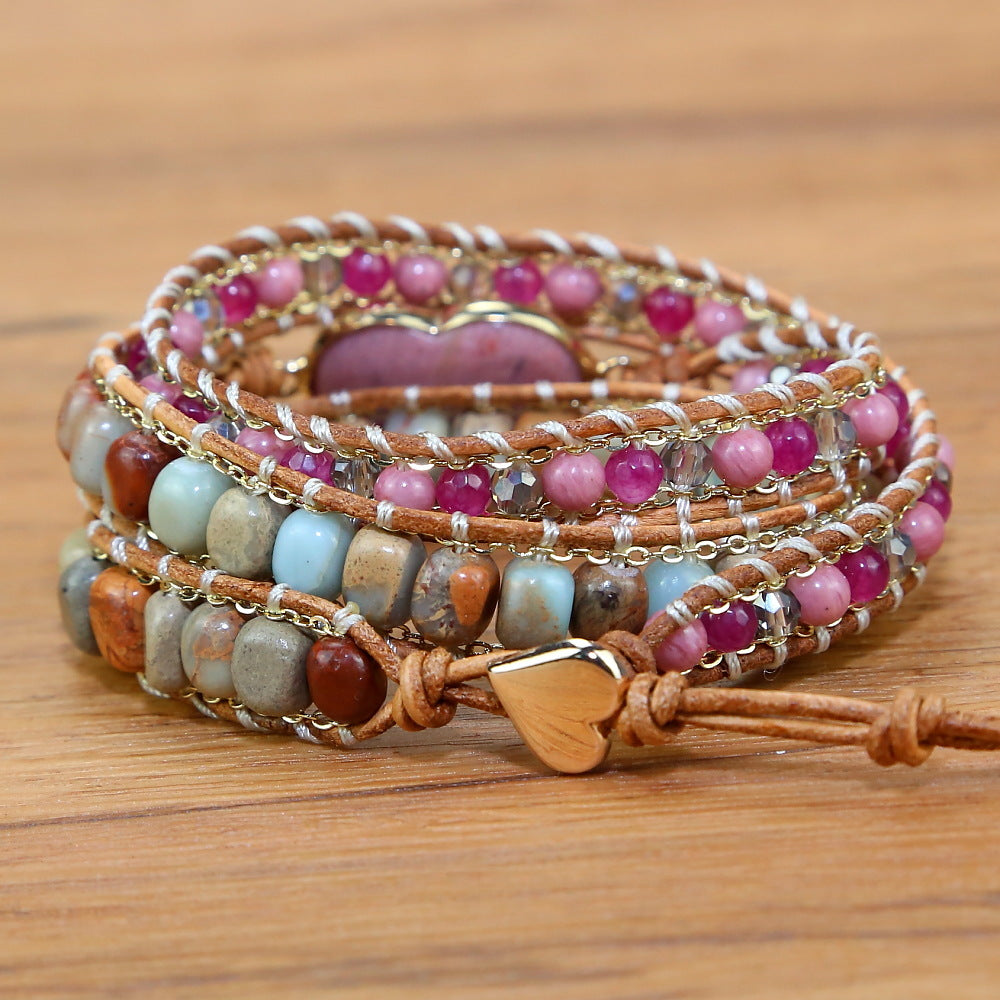 Bracelet Wrap "Compassion et Amour" en Rhodonite et Quartz Rose