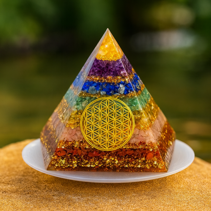 Harmonie Universelle – Pyramide Orgonite des 7 Chakras & Fleur de Vie