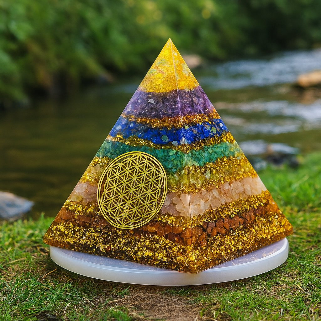 Harmonie Universelle – Pyramide Orgonite des 7 Chakras & Fleur de Vie