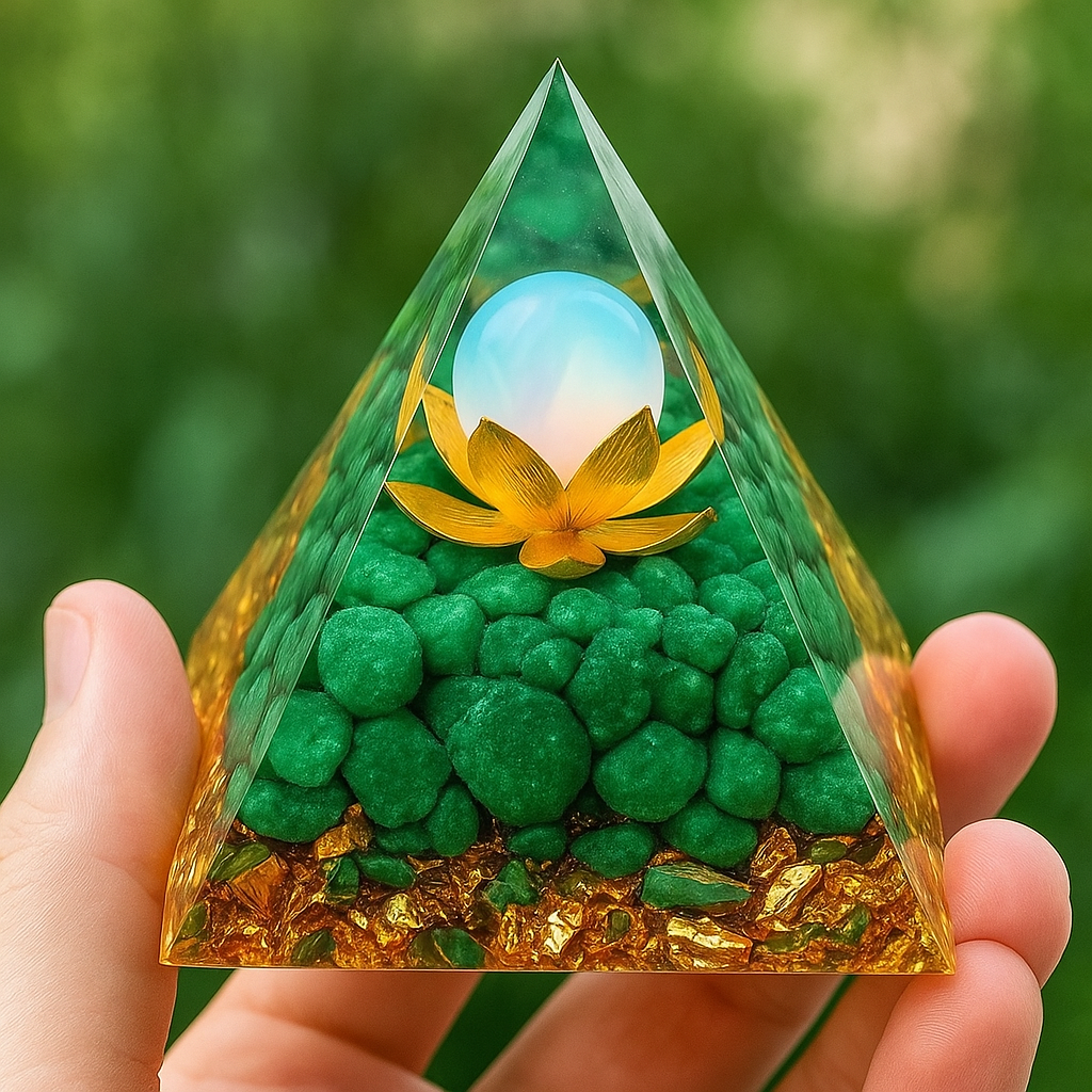 Équilibre du Cœur – Pyramide Orgonite en Aventurine Verte & Lotus Opalin