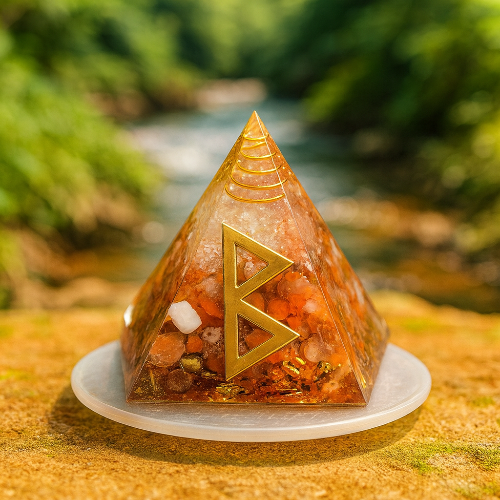 Rayonnement Intérieur – Pyramide Orgonite en Cornaline & Symbole Runique