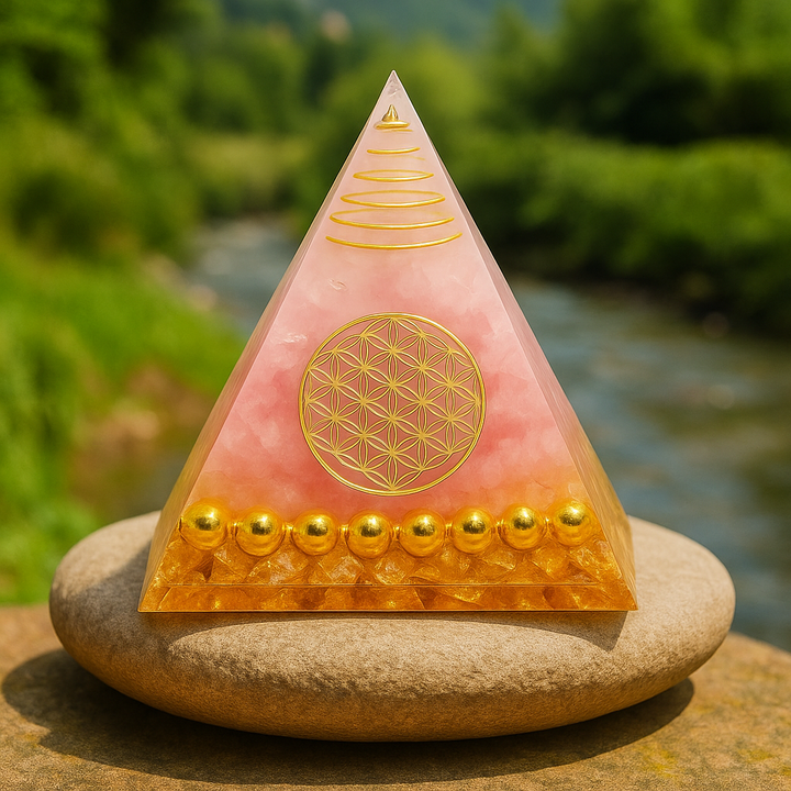Amour Divin – Pyramide Orgonite en Quartz Rose & Fleur de Vie