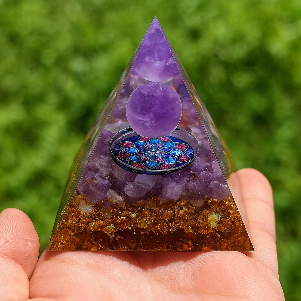 Sérénité Spirituelle – Pyramide Orgonite en Améthyste & Symbole Sacré