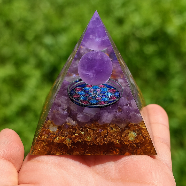Sérénité Spirituelle – Pyramide Orgonite en Améthyste & Symbole Sacré