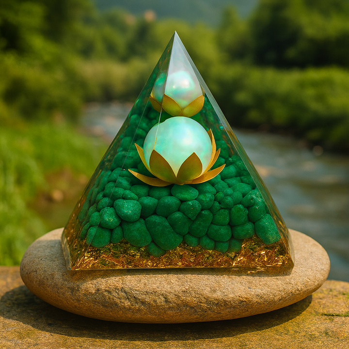 Équilibre du Cœur – Pyramide Orgonite en Aventurine Verte & Lotus Opalin