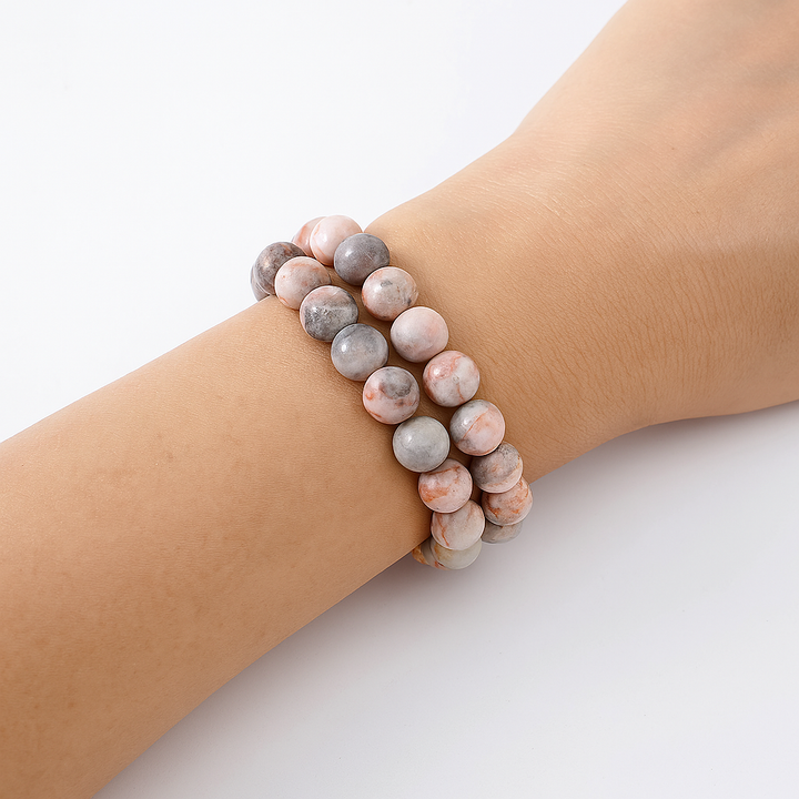Bracelet DUO "Harmonie & Vitalité" en Agate Zébrée Rose et Jaspe Rouge
