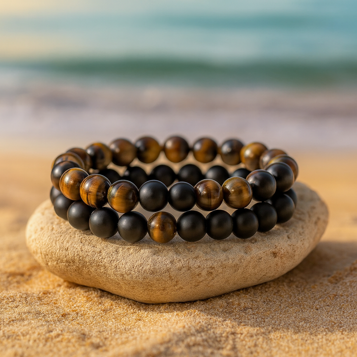 Bracelet DUO "Force et Protection" en Œil de Tigre et Onyx Noir