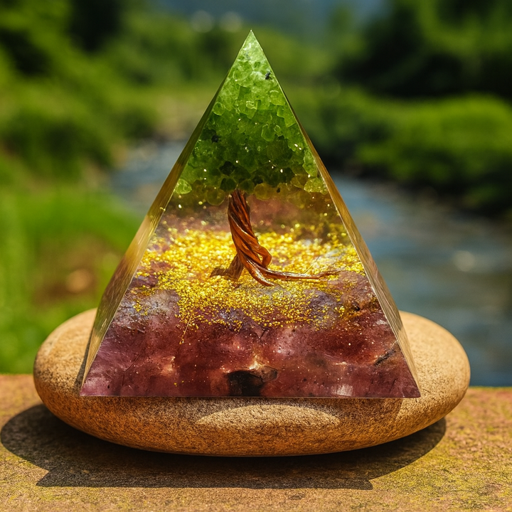 Arbre de Vitalité – Pyramide Orgonite en Péridot & Grenat