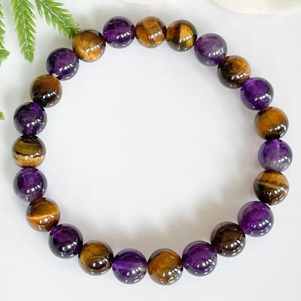 Bracelet "Libération" en Améthyste, Œil de Tigre & Cristal de Thé