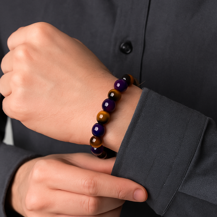 Bracelet "Libération" en Améthyste, Œil de Tigre & Cristal de Thé