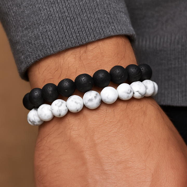 Bracelet DUO "Force et Sérénité" en Pierre de Lave et Howlite Blanche