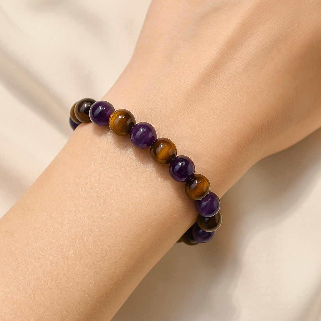 Bracelet "Libération" en Améthyste, Œil de Tigre & Cristal de Thé