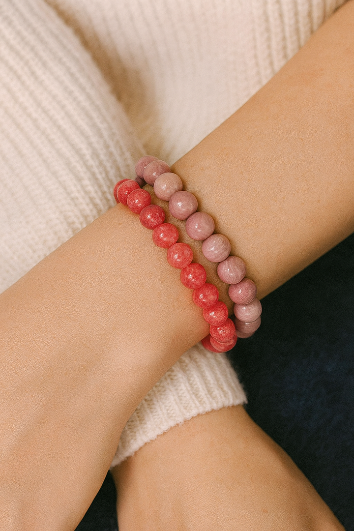 Bracelet DUO "Amour et Compassion" en rhodochrosite et Angelite rouge
