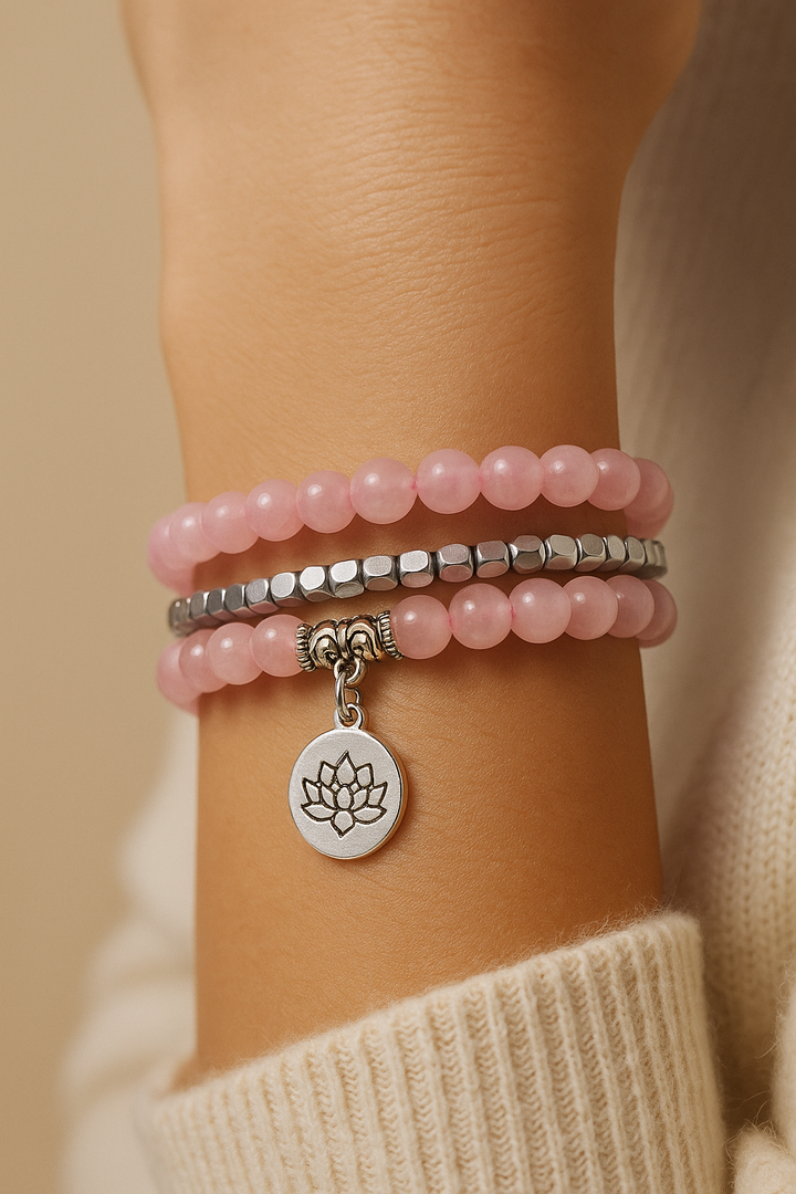 Bracelet Design et Créatif Inspiration Yoga en Quartz Rose