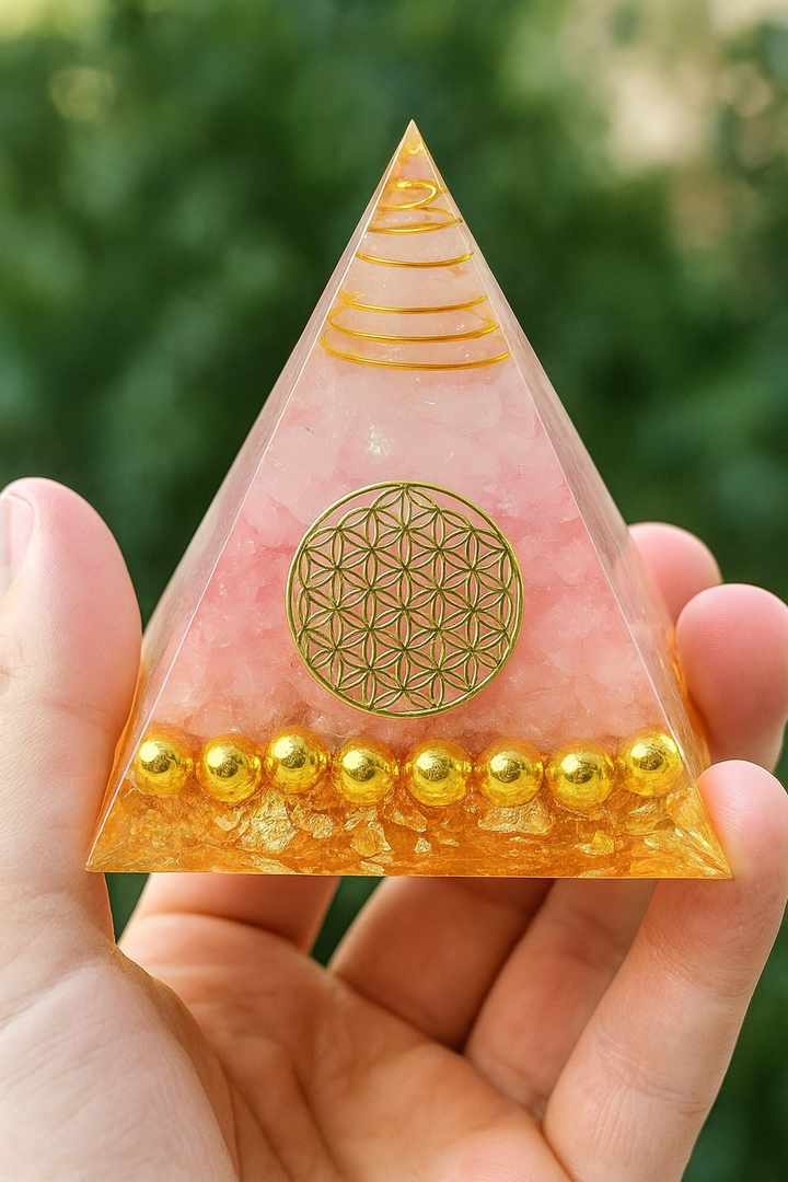 Amour Divin – Pyramide Orgonite en Quartz Rose & Fleur de Vie