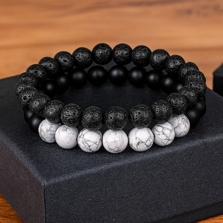Bracelet DUO "Force et Sérénité" en Pierre de Lave et Howlite Blanche