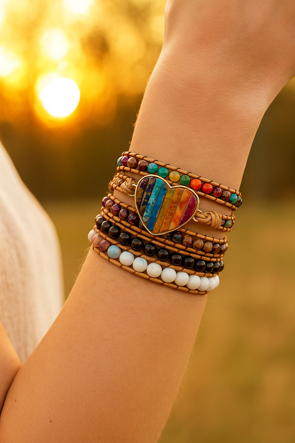 Bracelet wrap "7 Chakras" en Forme de Cœur